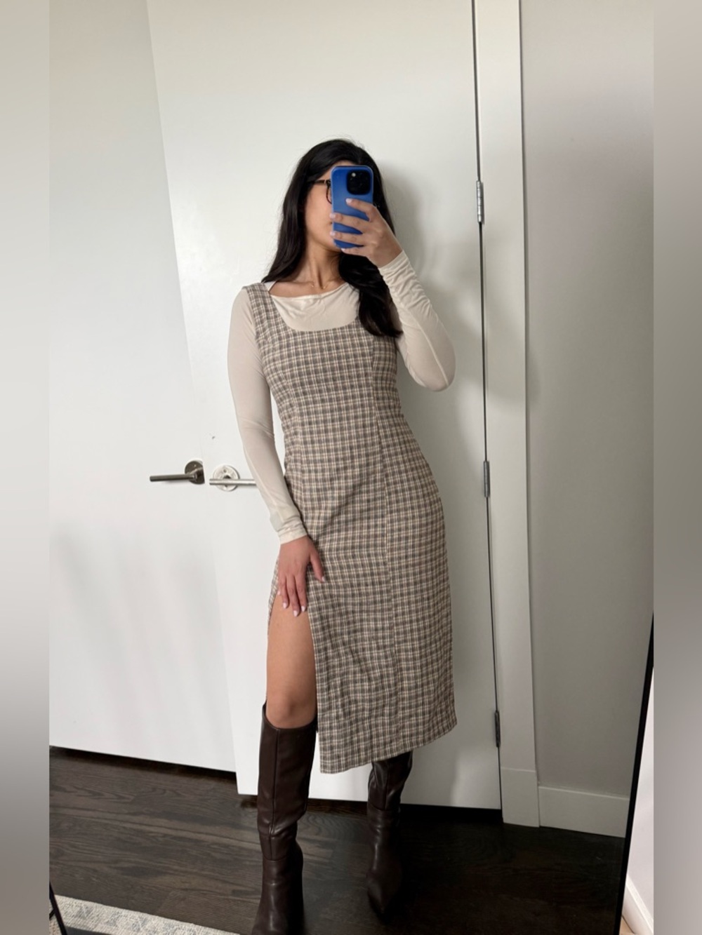 Beige Plaid Tweed Midi Dress with Slit